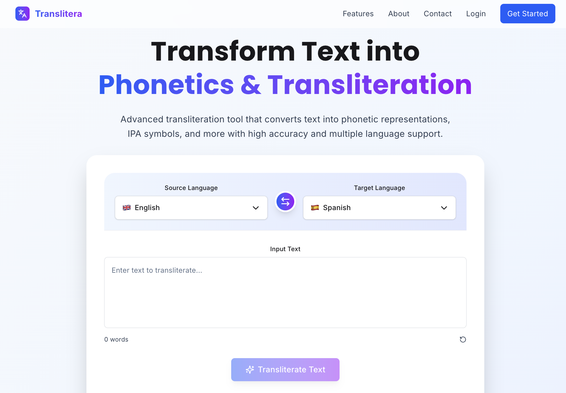 Translitera - Text Transliteration & Phonetics SaaS - Screenshot 1